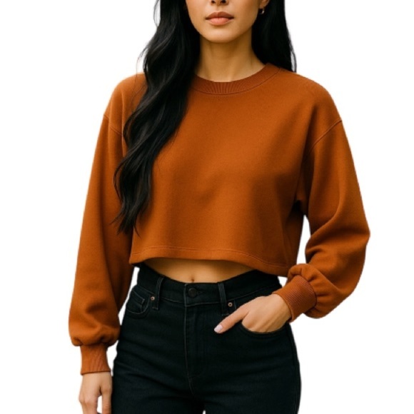 SHEIN Cropped Ribbed Lantern Sleeve Top Rust Brown Crewneck Balloon Size M - Picture 1 of 10